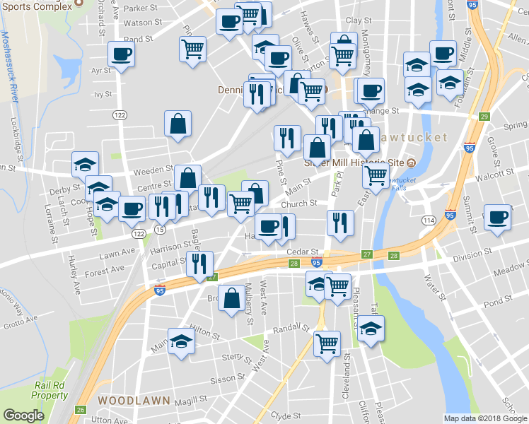 map of restaurants, bars, coffee shops, grocery stores, and more near 66 Church Street in Pawtucket