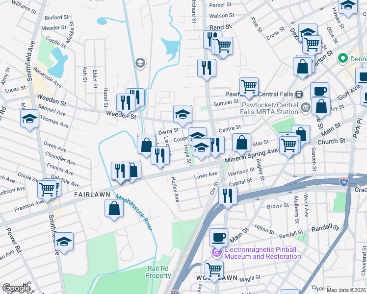 map of restaurants, bars, coffee shops, grocery stores, and more near 38 Hancock Street in Pawtucket