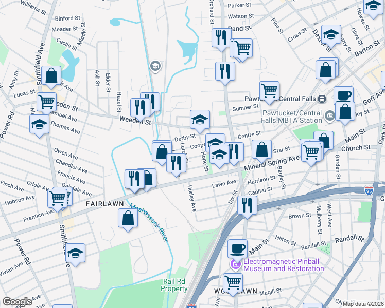 map of restaurants, bars, coffee shops, grocery stores, and more near 54 Cooper Street in Pawtucket