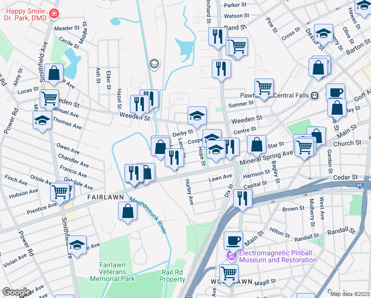 map of restaurants, bars, coffee shops, grocery stores, and more near 54 Cooper Street in Pawtucket