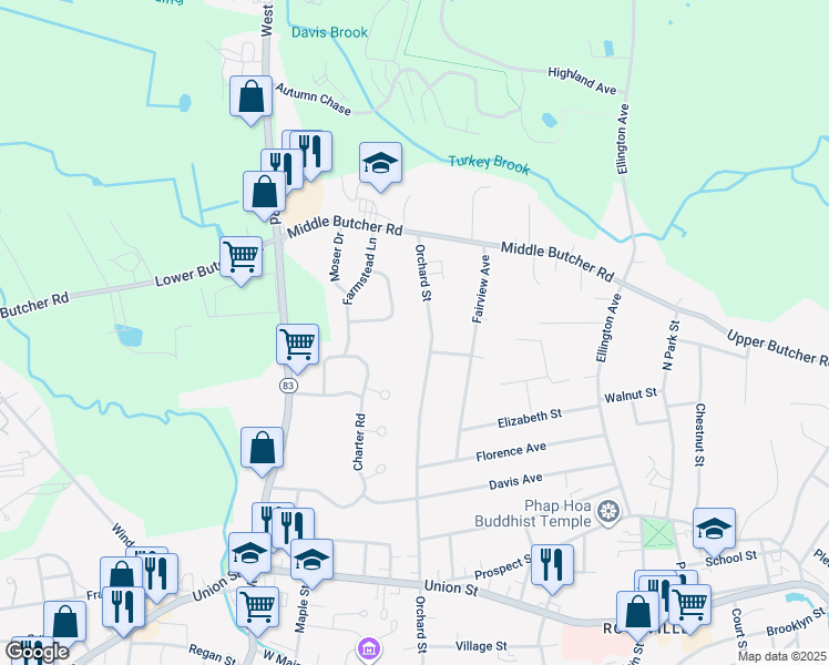 map of restaurants, bars, coffee shops, grocery stores, and more near 10 High Ridge Road in Ellington