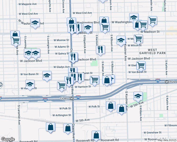map of restaurants, bars, coffee shops, grocery stores, and more near 4658 West Van Buren Street in Chicago