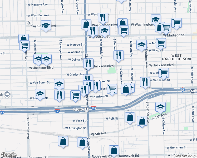 map of restaurants, bars, coffee shops, grocery stores, and more near 4658 West Van Buren Street in Chicago