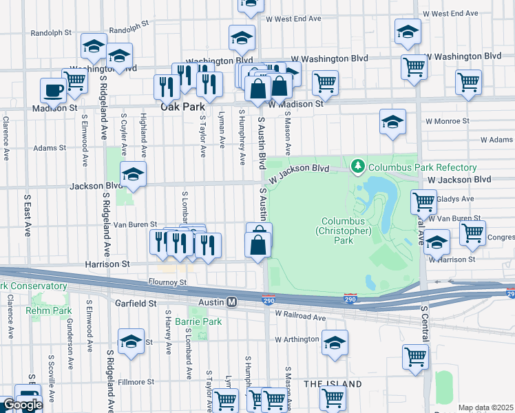 map of restaurants, bars, coffee shops, grocery stores, and more near 724 South Humphrey Avenue in Oak Park