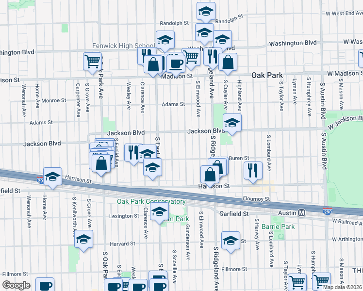 map of restaurants, bars, coffee shops, grocery stores, and more near 716 South Scoville Avenue in Oak Park