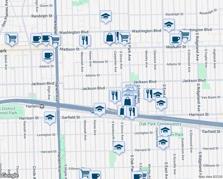 map of restaurants, bars, coffee shops, grocery stores, and more near 733 Carpenter Avenue in Oak Park