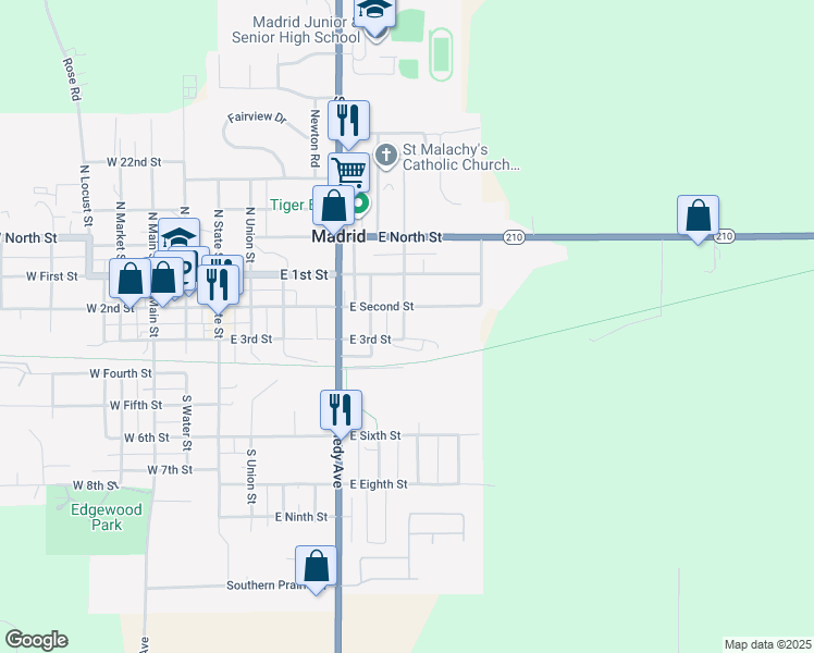 map of restaurants, bars, coffee shops, grocery stores, and more near 303 South Green Street in Madrid