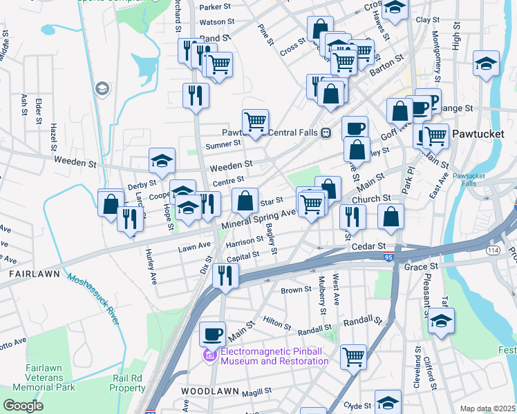 map of restaurants, bars, coffee shops, grocery stores, and more near 48 Star Street in Pawtucket