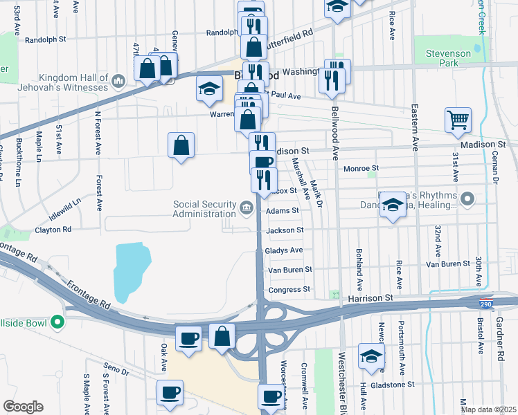map of restaurants, bars, coffee shops, grocery stores, and more near 242 Mannheim Road in Bellwood