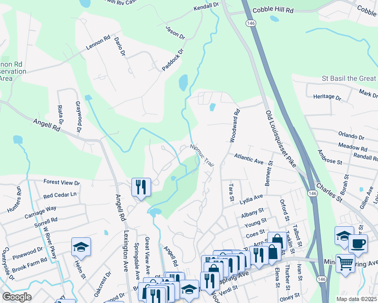 map of restaurants, bars, coffee shops, grocery stores, and more near 32B Nipmuc Trail in North Providence