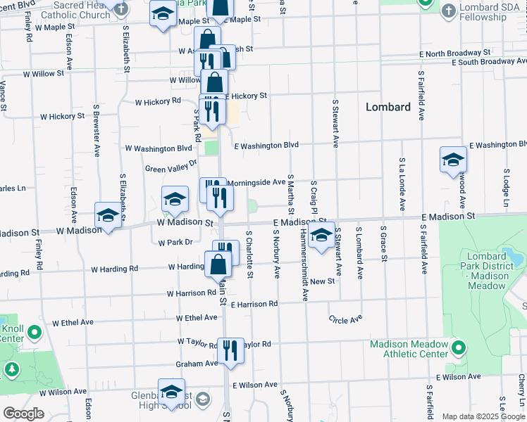 map of restaurants, bars, coffee shops, grocery stores, and more near 121 Eastview Terrace in Lombard