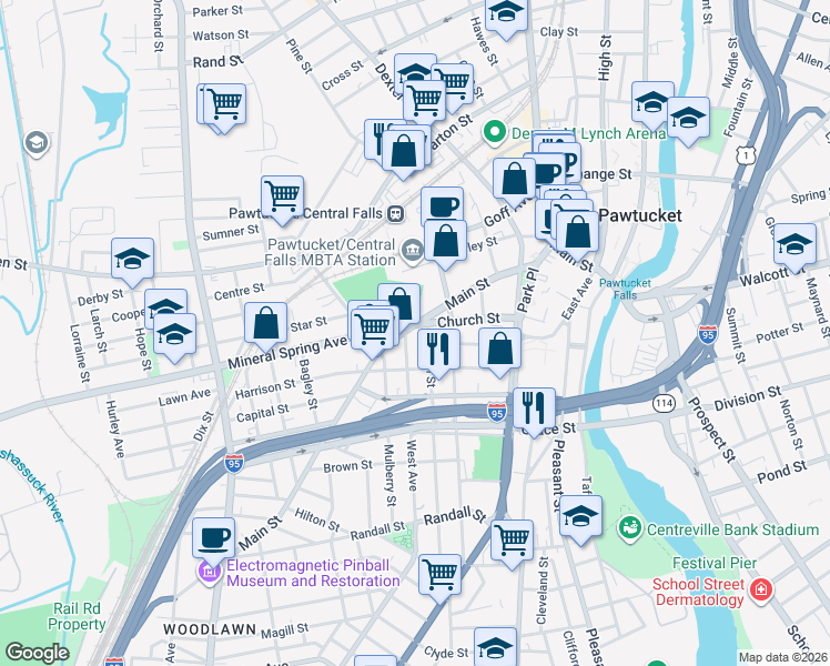 map of restaurants, bars, coffee shops, grocery stores, and more near 560 Main Street in Pawtucket
