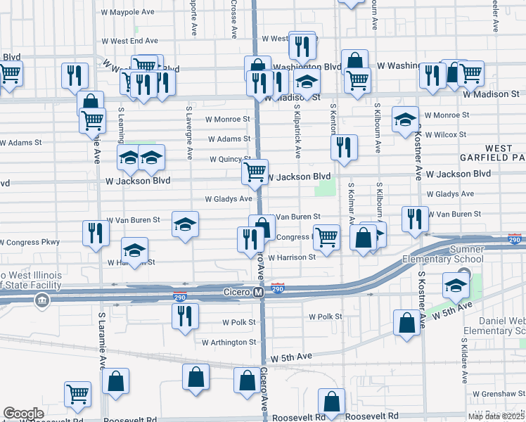 map of restaurants, bars, coffee shops, grocery stores, and more near 340 South Cicero Avenue in Chicago
