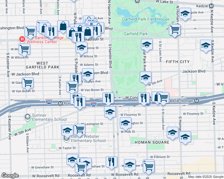 map of restaurants, bars, coffee shops, grocery stores, and more near W Van Buren St & S Hamlin Blvd in Chicago