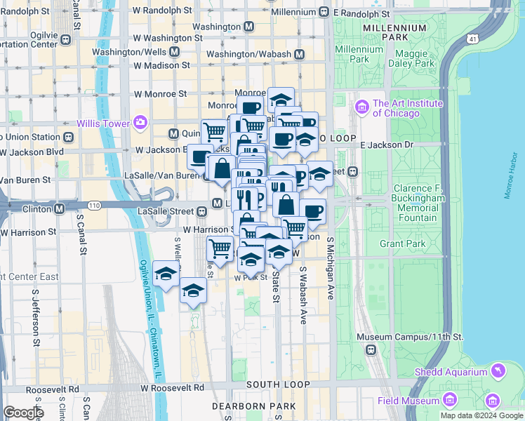 map of restaurants, bars, coffee shops, grocery stores, and more near 511 South Plymouth Court in Chicago