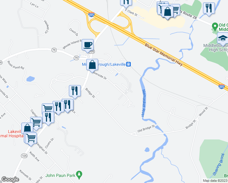 map of restaurants, bars, coffee shops, grocery stores, and more near 30 Riverside Drive in Lakeville