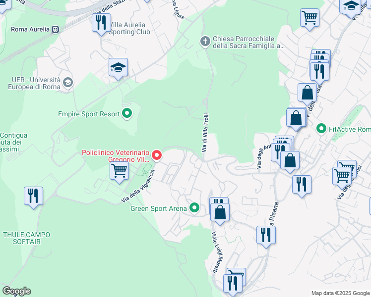 map of restaurants, bars, coffee shops, grocery stores, and more near 31 Via della Vignaccia in Roma