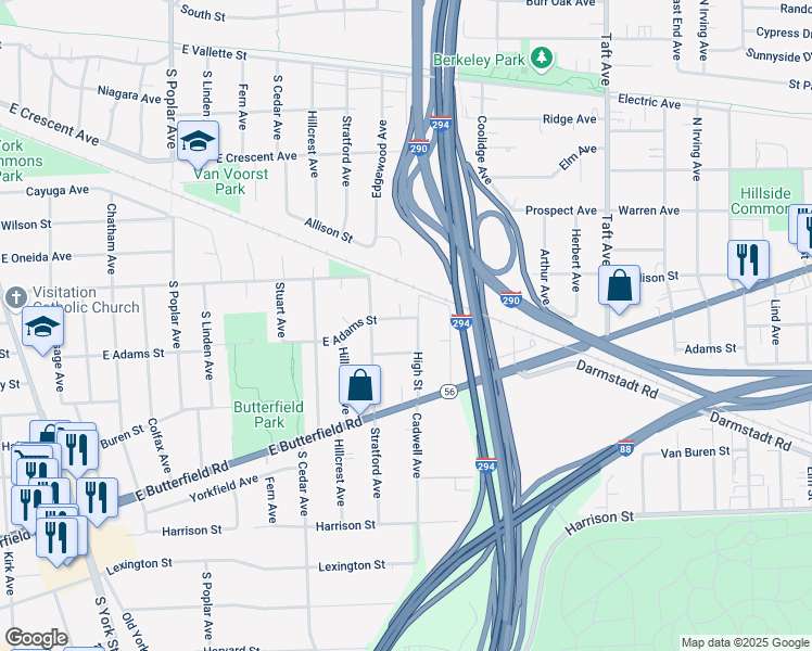 map of restaurants, bars, coffee shops, grocery stores, and more near 520 East Adams Street in Elmhurst