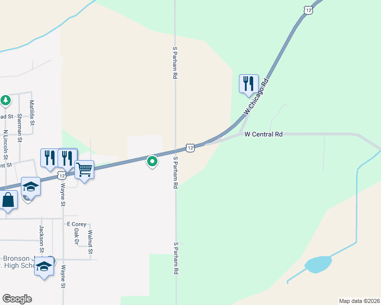 map of restaurants, bars, coffee shops, grocery stores, and more near 693 West Chicago Road in Bronson