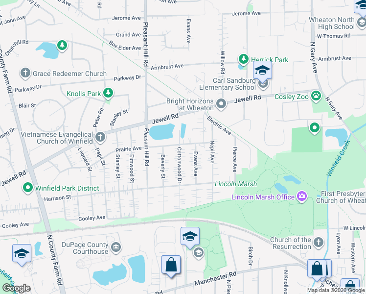 map of restaurants, bars, coffee shops, grocery stores, and more near N135 Cottonwood Drive in Wheaton