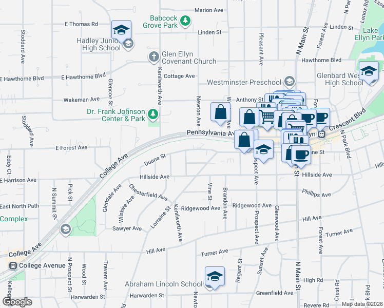 map of restaurants, bars, coffee shops, grocery stores, and more near 339 Duane Street in Glen Ellyn