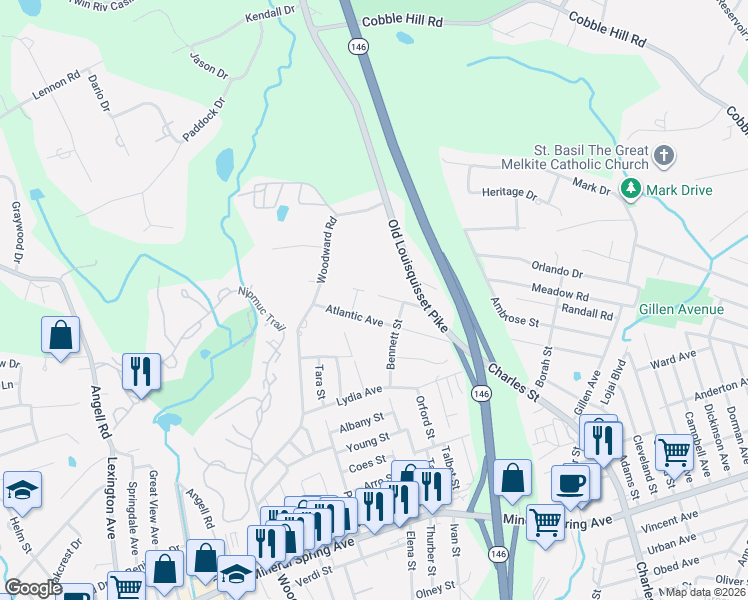 map of restaurants, bars, coffee shops, grocery stores, and more near 25 Miner St in North Providence