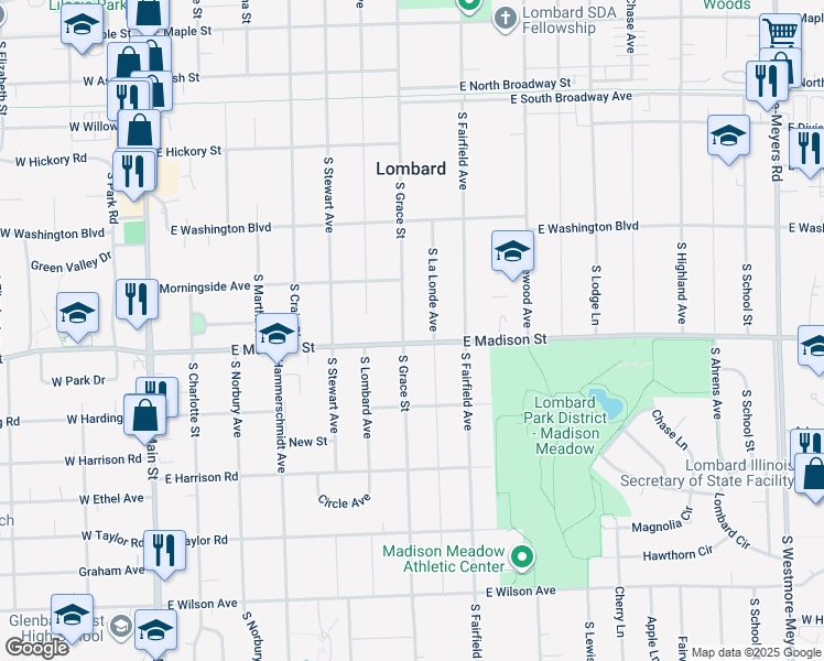 map of restaurants, bars, coffee shops, grocery stores, and more near 587 South Grace Street in Lombard