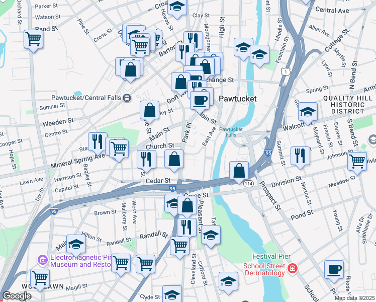 map of restaurants, bars, coffee shops, grocery stores, and more near 100 Park Place in Pawtucket