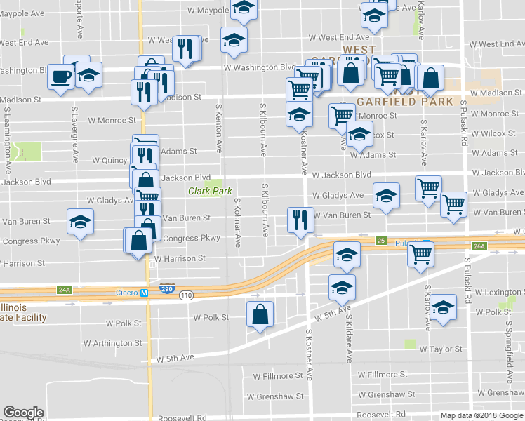 map of restaurants, bars, coffee shops, grocery stores, and more near 4500 West Van Buren Street in Chicago