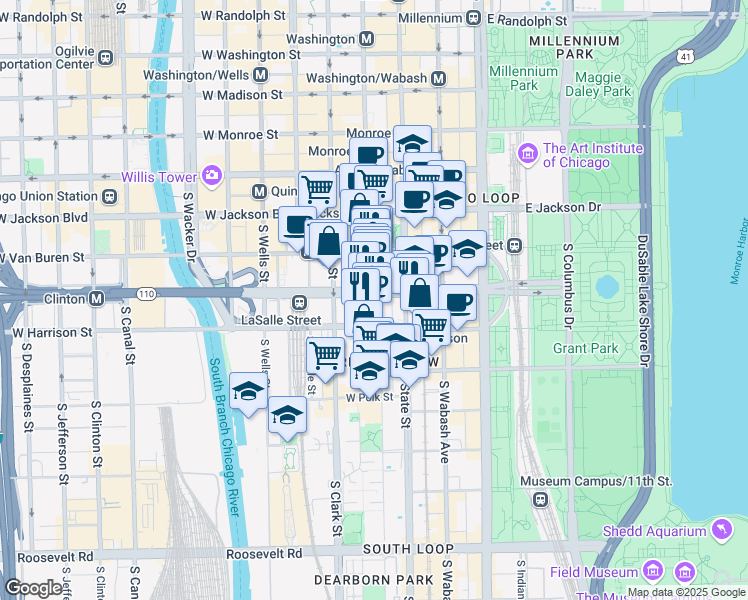 map of restaurants, bars, coffee shops, grocery stores, and more near 514 South State Street in Chicago