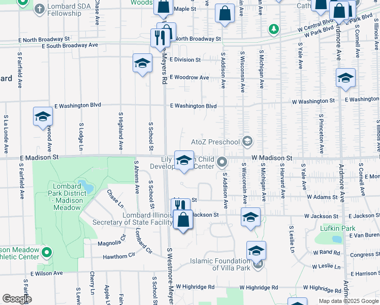 map of restaurants, bars, coffee shops, grocery stores, and more near 1042 East Madison Street in Lombard