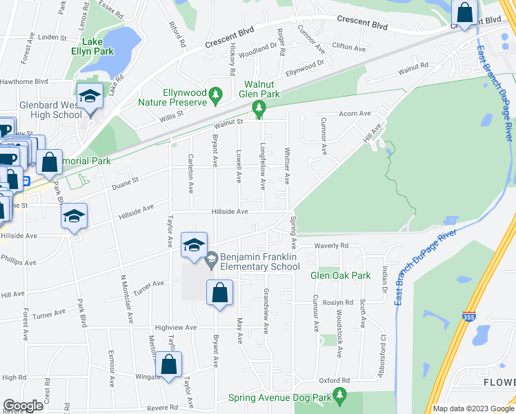 map of restaurants, bars, coffee shops, grocery stores, and more near 850 Hillside Avenue in Glen Ellyn