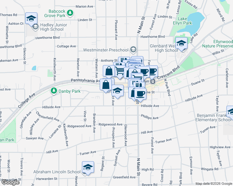 map of restaurants, bars, coffee shops, grocery stores, and more near 433 Prospect Avenue in Glen Ellyn