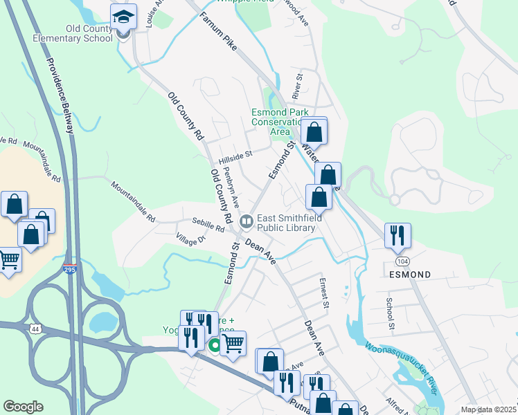 map of restaurants, bars, coffee shops, grocery stores, and more near 38 Esmond Street in Smithfield