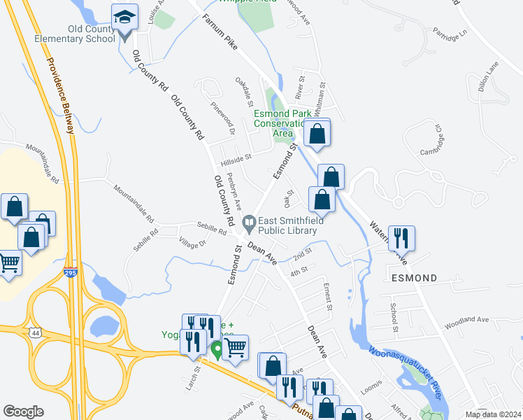 map of restaurants, bars, coffee shops, grocery stores, and more near 38 Esmond Street in Smithfield