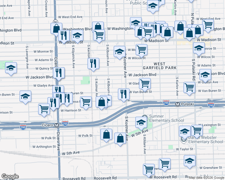 map of restaurants, bars, coffee shops, grocery stores, and more near 4434 West Van Buren Street in Chicago