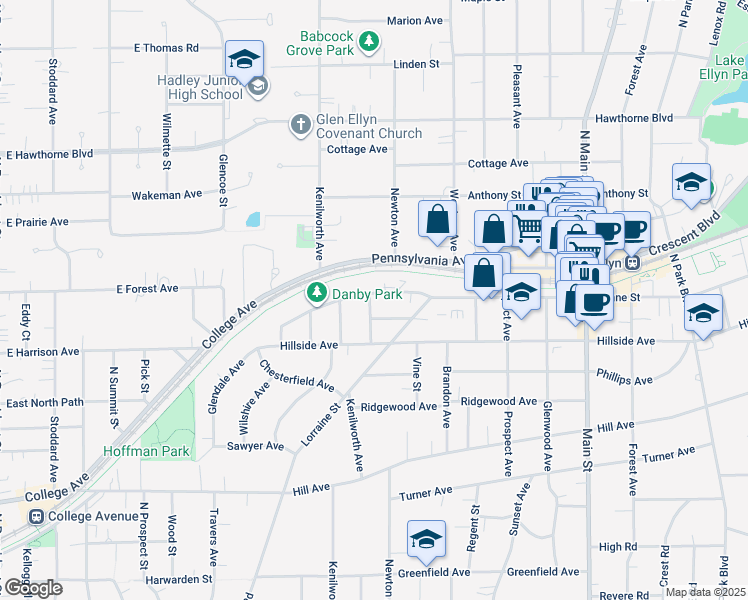 map of restaurants, bars, coffee shops, grocery stores, and more near 333 Duane Street in Glen Ellyn