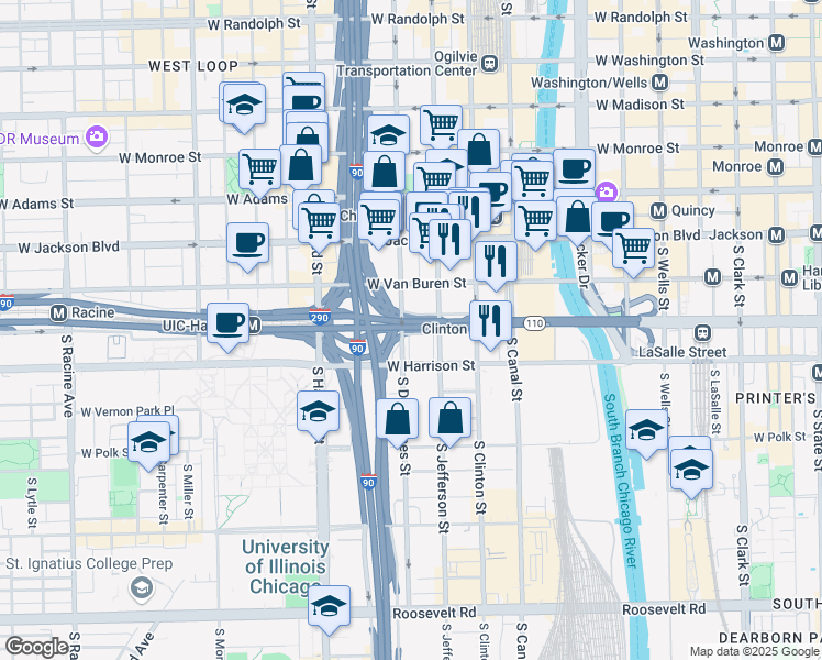 map of restaurants, bars, coffee shops, grocery stores, and more near 441 South Desplaines Street in Chicago