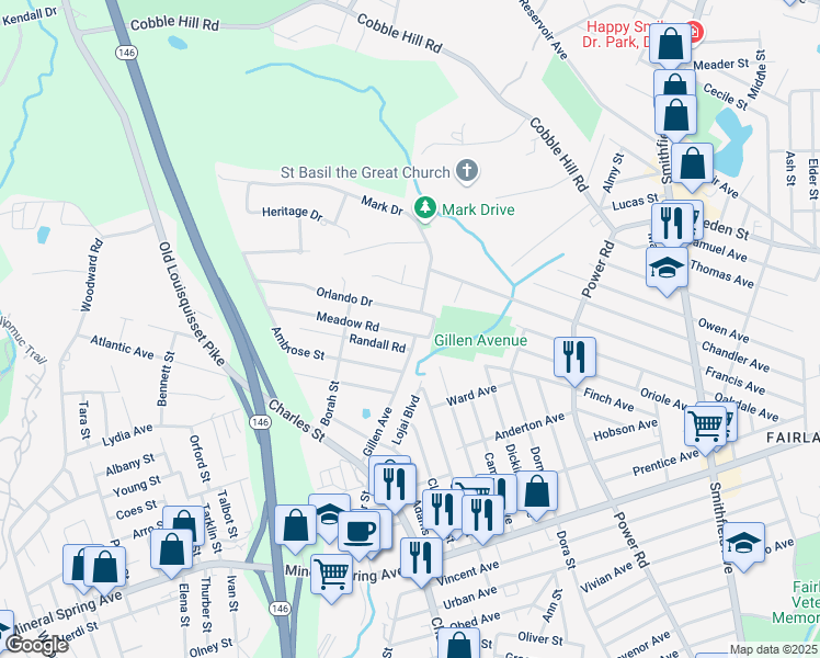 map of restaurants, bars, coffee shops, grocery stores, and more near 81 Meadow Road in North Providence