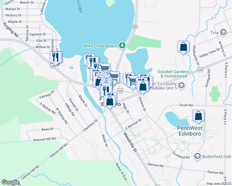 map of restaurants, bars, coffee shops, grocery stores, and more near 124 Erie Street in Edinboro