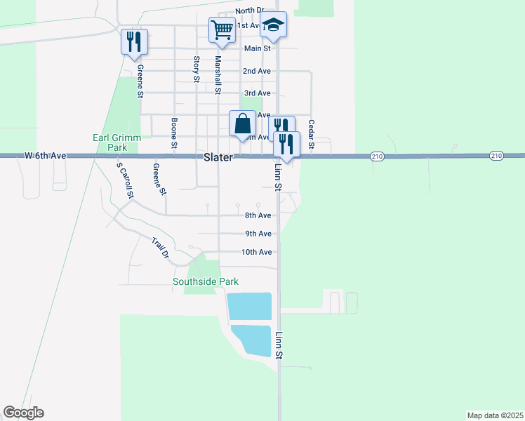 map of restaurants, bars, coffee shops, grocery stores, and more near 100 Benton Circle in Slater