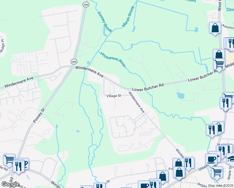 map of restaurants, bars, coffee shops, grocery stores, and more near 15 Village Street in Ellington