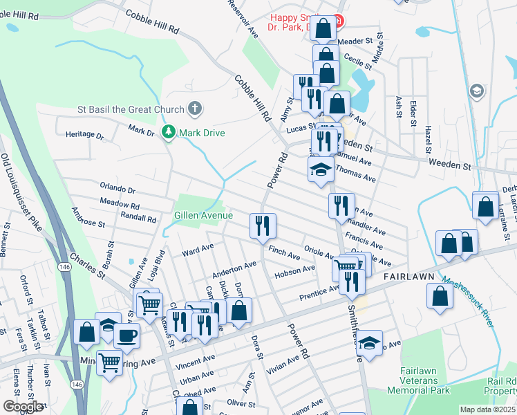 map of restaurants, bars, coffee shops, grocery stores, and more near 480 Power Road in Pawtucket