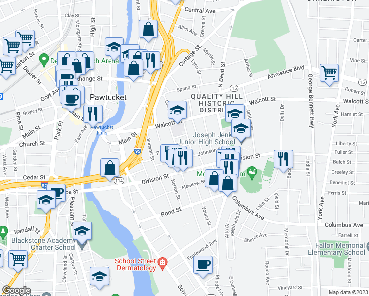 map of restaurants, bars, coffee shops, grocery stores, and more near 63 Potter Street in Pawtucket