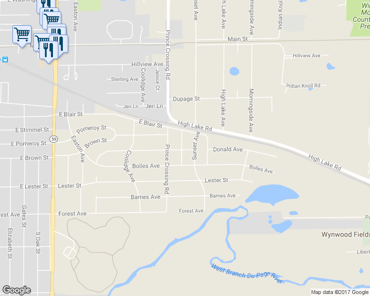 map of restaurants, bars, coffee shops, grocery stores, and more near 28W730 Donald Avenue in West Chicago