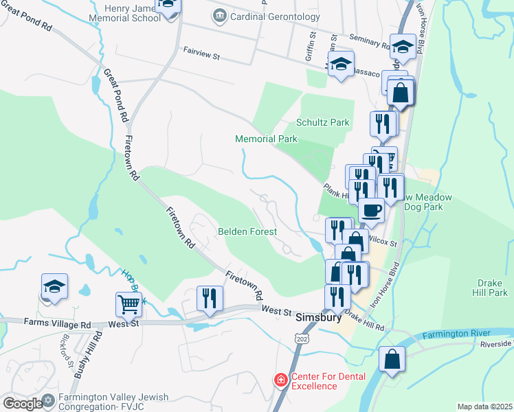 map of restaurants, bars, coffee shops, grocery stores, and more near 38 Forest Hill Drive in Simsbury