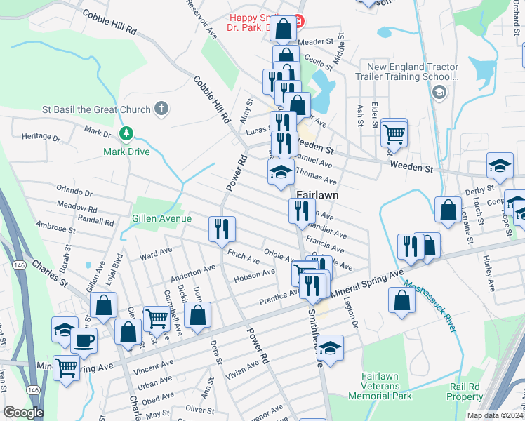 map of restaurants, bars, coffee shops, grocery stores, and more near 18 Chandler Avenue in Pawtucket