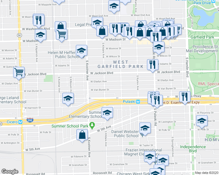 map of restaurants, bars, coffee shops, grocery stores, and more near 4238 West Van Buren Street in Chicago
