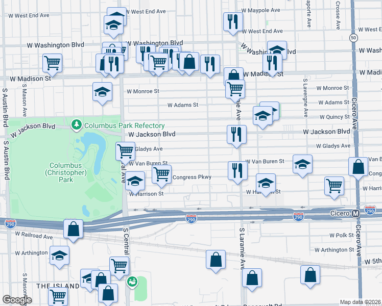map of restaurants, bars, coffee shops, grocery stores, and more near 5337 West Gladys Avenue in Chicago
