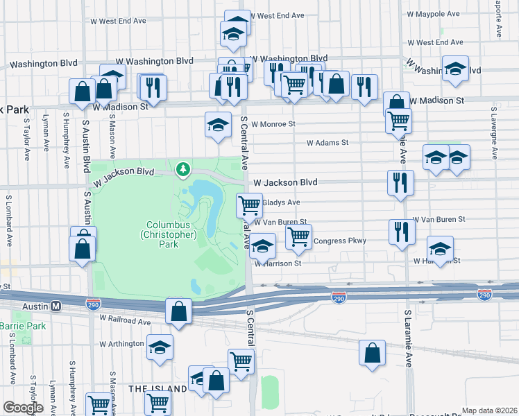 map of restaurants, bars, coffee shops, grocery stores, and more near 5547 West Gladys Avenue in Chicago